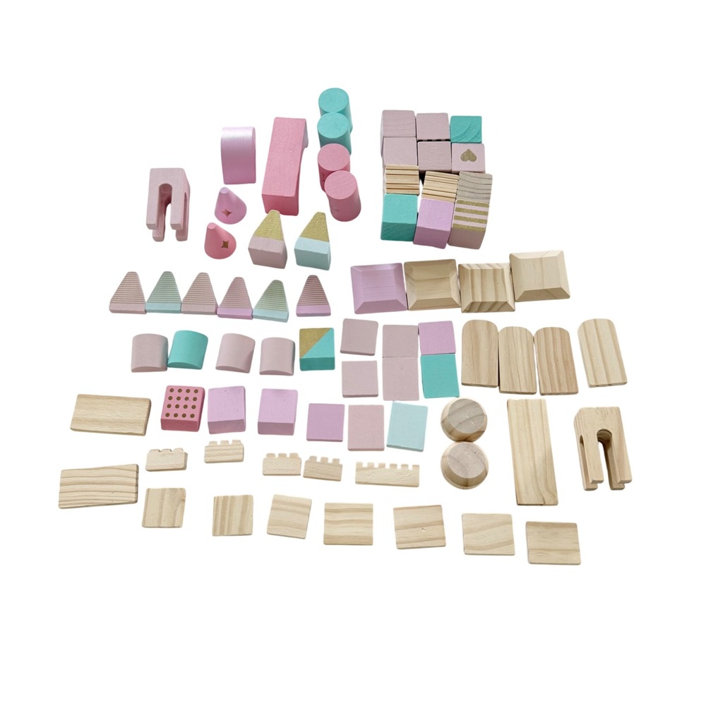 Wooden Building Blocks Kids Pink Green Pastel Geometric Set 70pc